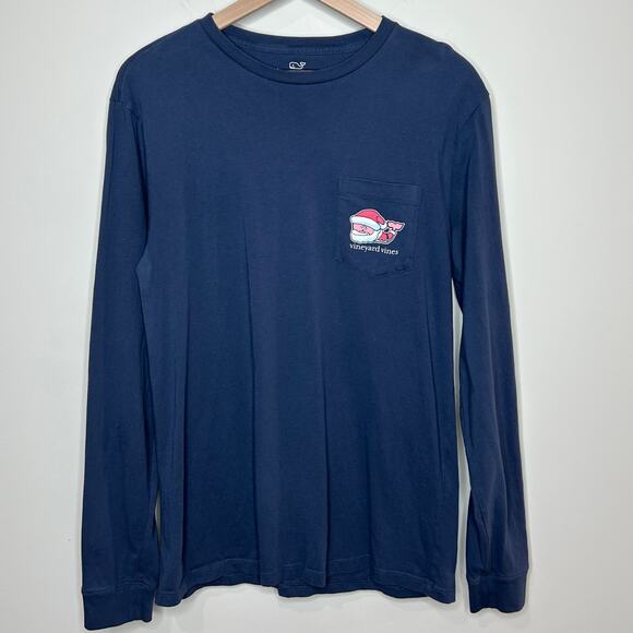 Vineyard Vines Blue Pocket T-Shirt Size S Long Sleeves Santa Merry Christmas - Picture 2 of 9